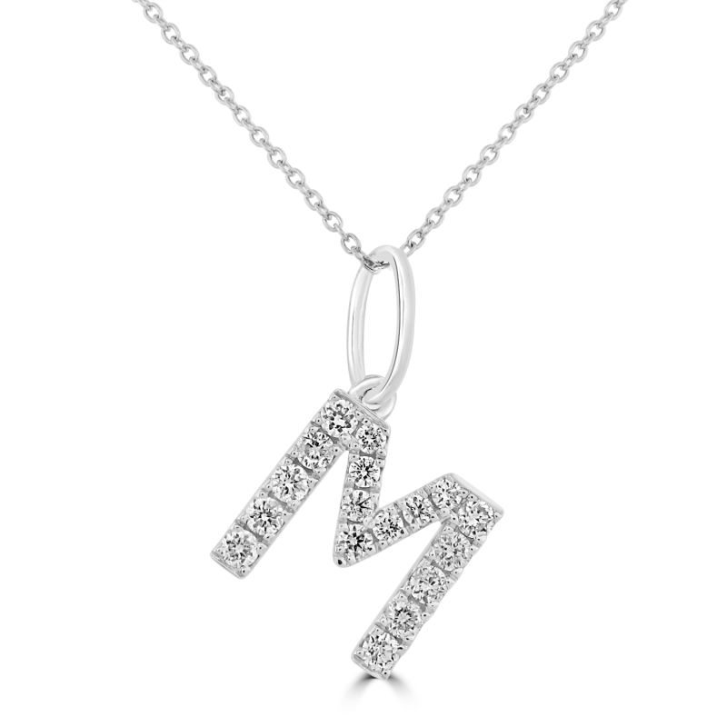 9ct White Gold Diamond Letter "M" Pendant & Chain 0.48ct