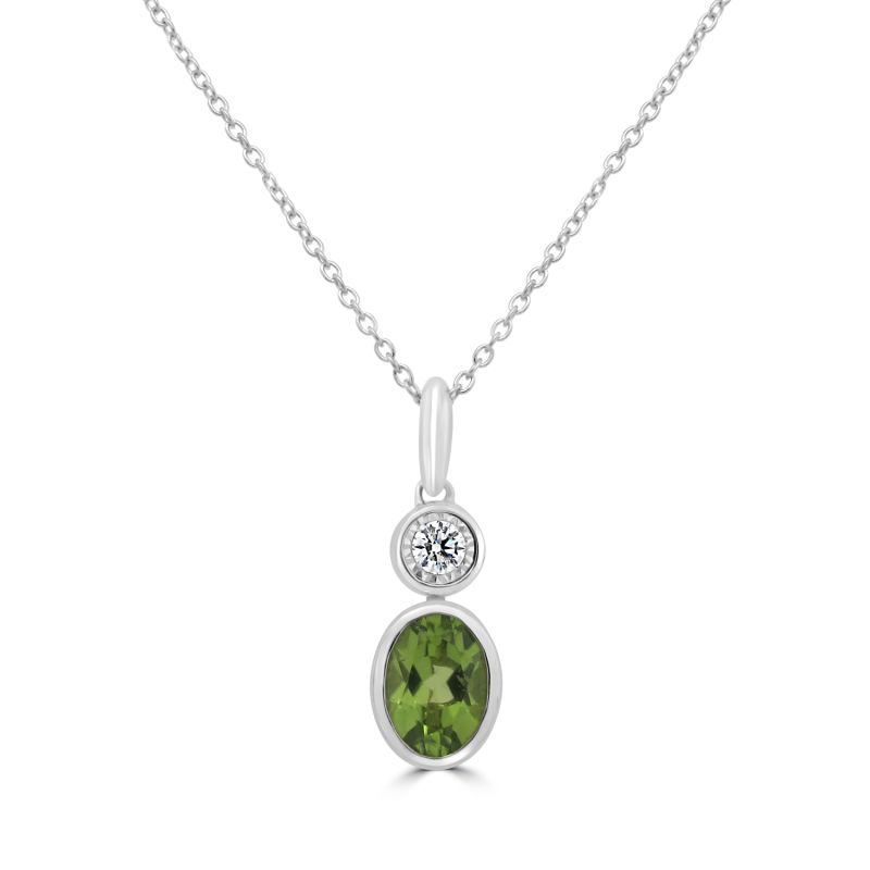 9ct White Gold Peridot & Diamond Pendant & Chain 0.06ct