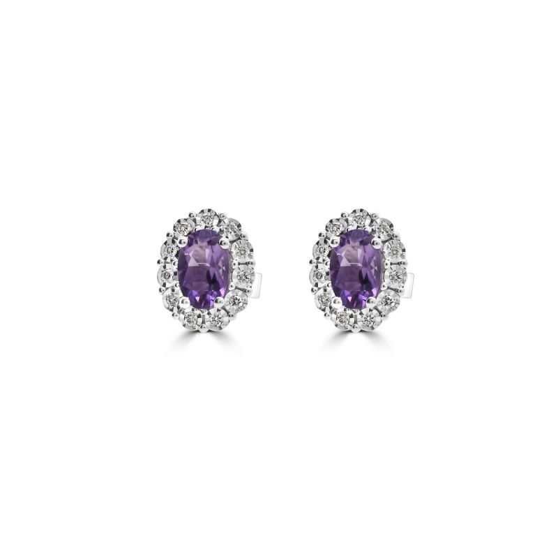 9ct White Gold Amethyst & Diamond Cluster Earrings 0.11ct