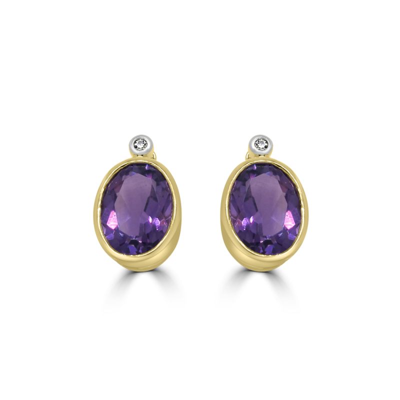 9ct Yellow Gold Amethyst & Diamond Stud Earrings
